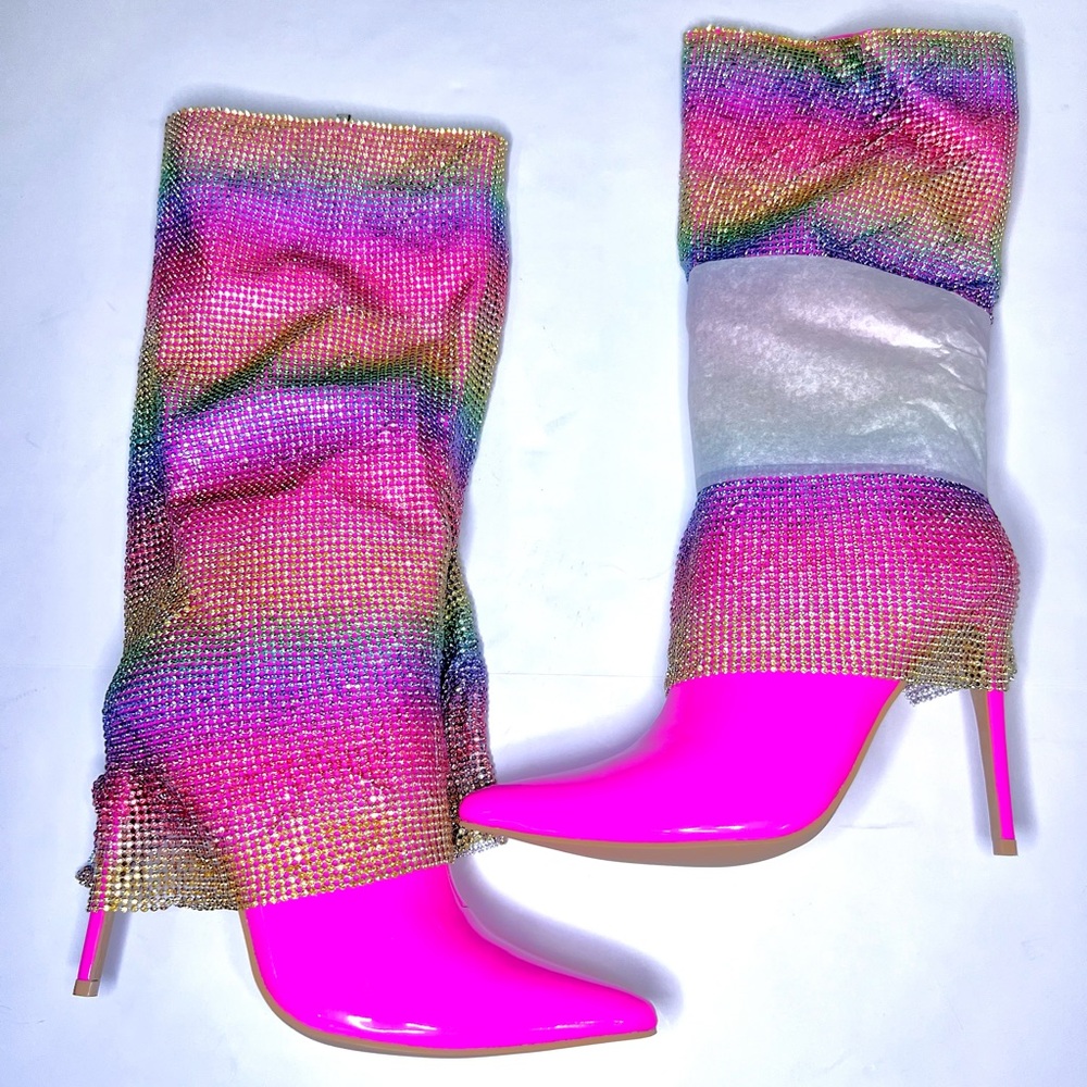 Rainbow Rhinestone Stiletto Boots. Hot Pink w/ Colorful Rhinestone Curtain -EDC